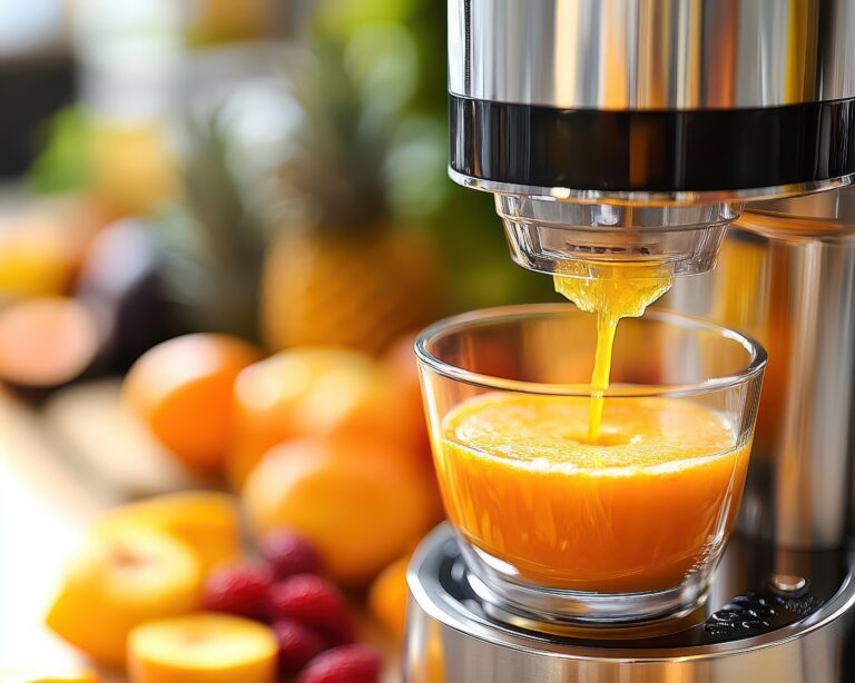 Juicer with fruits squeezing fresh juice into a glass